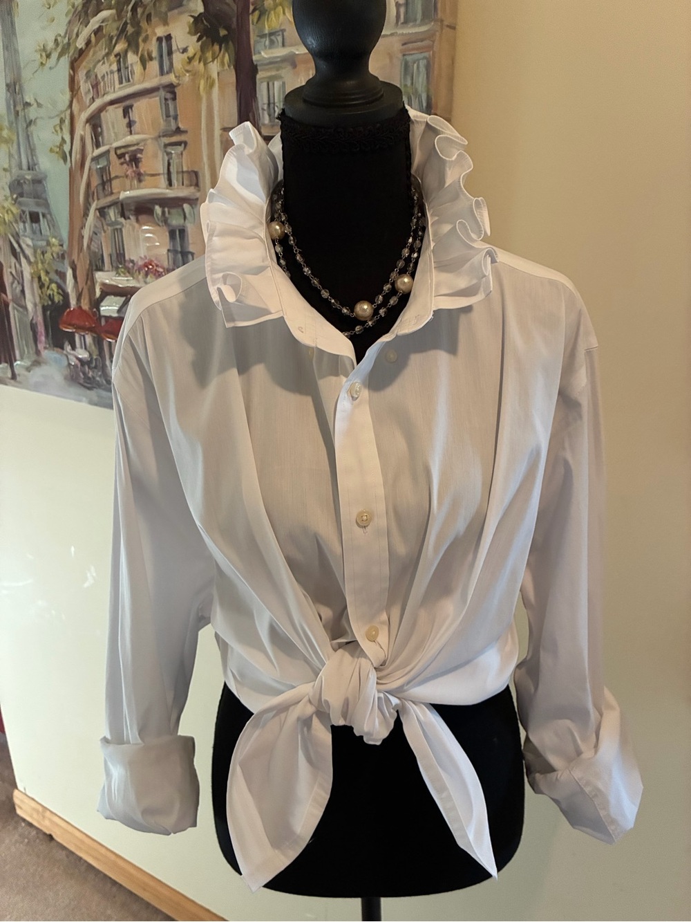 Ralph Lauren White Ruffle-Collar Tie-Front Button Down Shirt